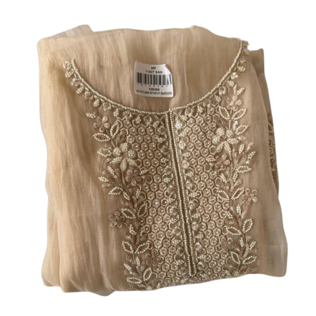 Premium Beige Embroidered Unstitched Designer Suit Set with Organza Dupatta
