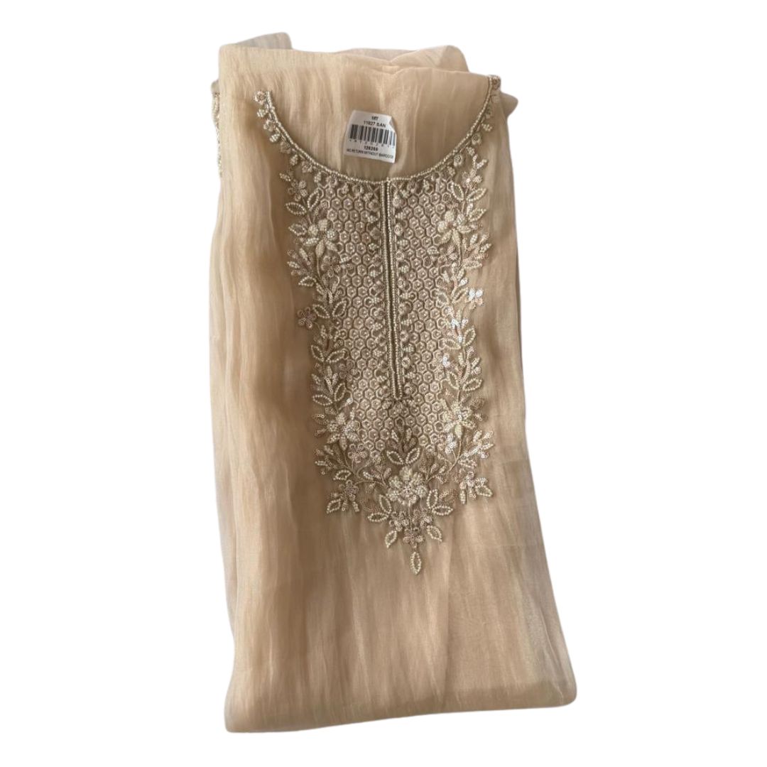 Premium Beige Embroidered Unstitched Designer Suit Set with Organza Dupatta