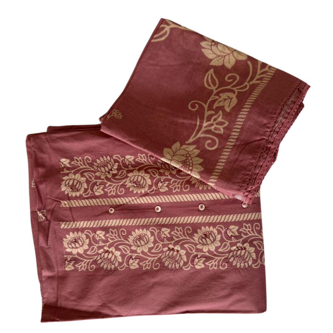 Elegant Dusty Rose Embroidered Unstitched Suit Set with Printed Dupatta