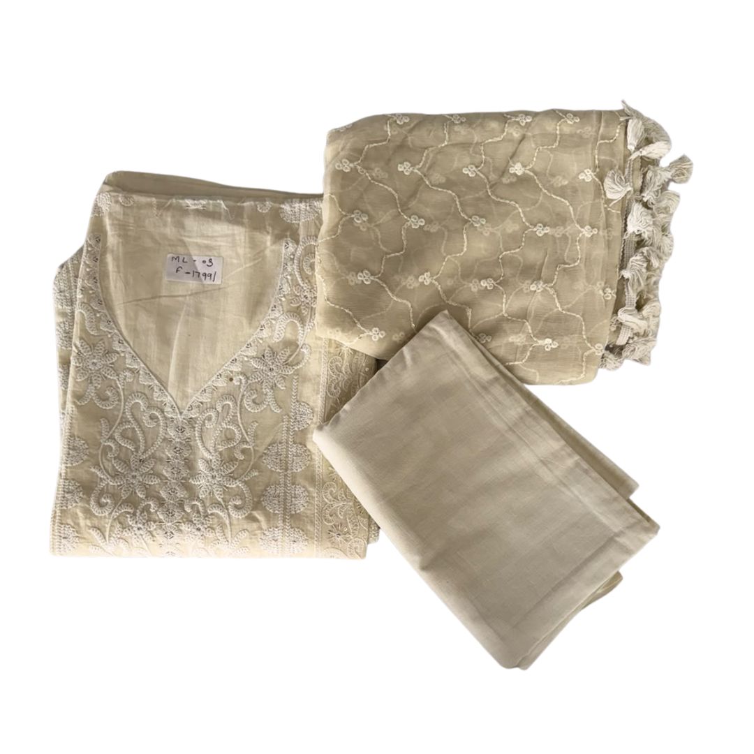 Elegant Butter Yellow Lucknowi Chikankari Unstitched 3-Piece Suit Set