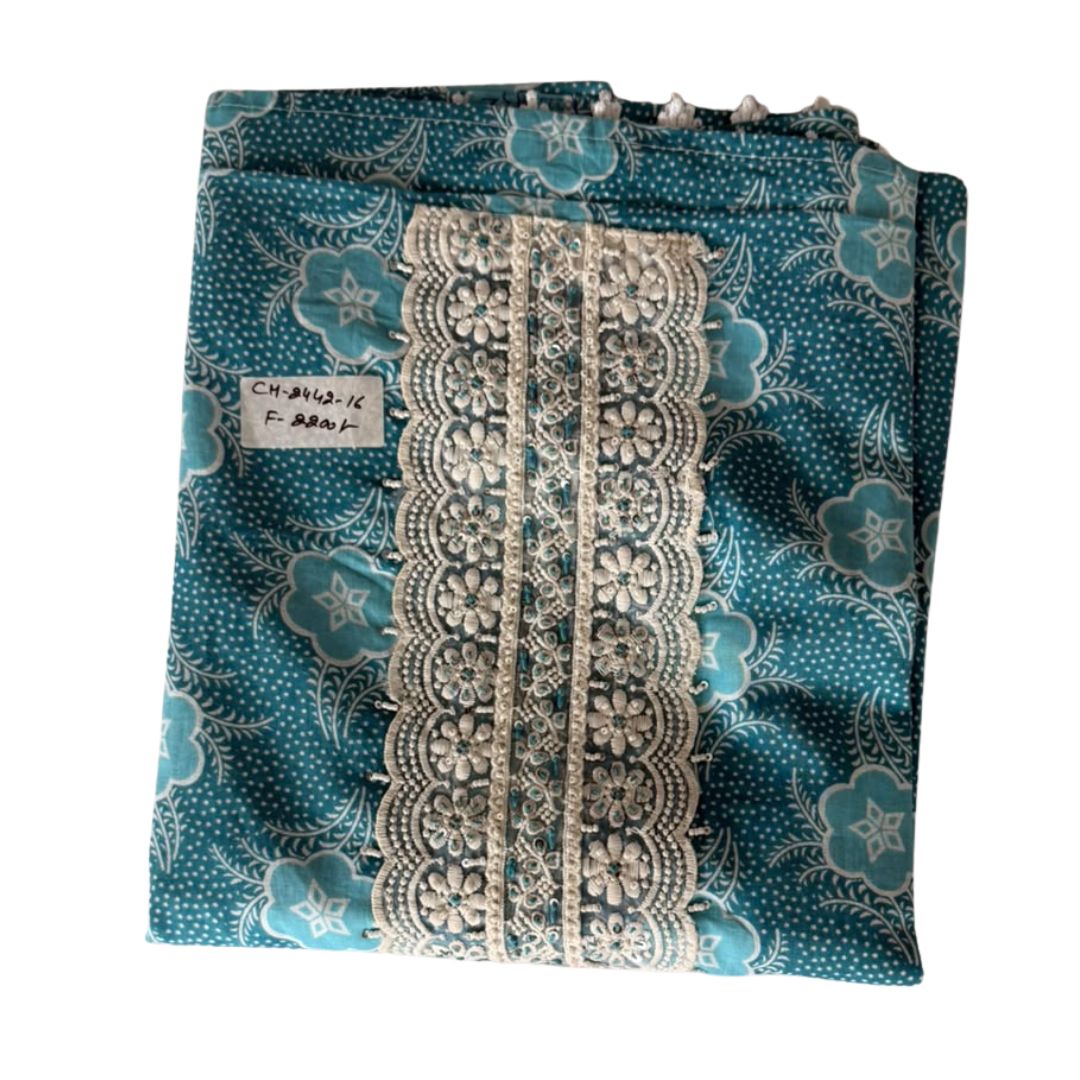 Teal Blue Floral Printed Unstitched 3-Piece Suit Set with Lace Neckline