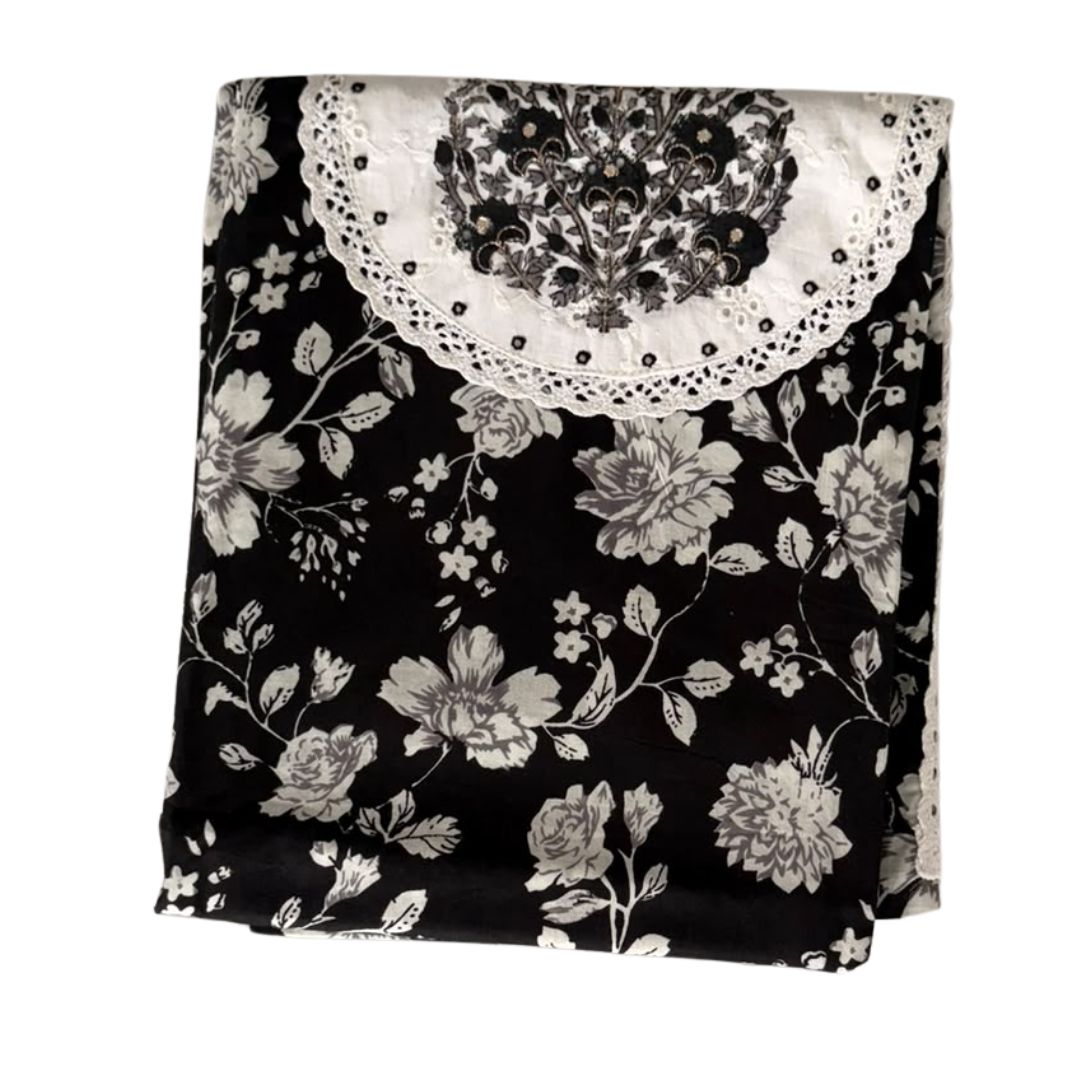 Classic Black and White Floral Printed Unstitched 3-Piece Suit Set