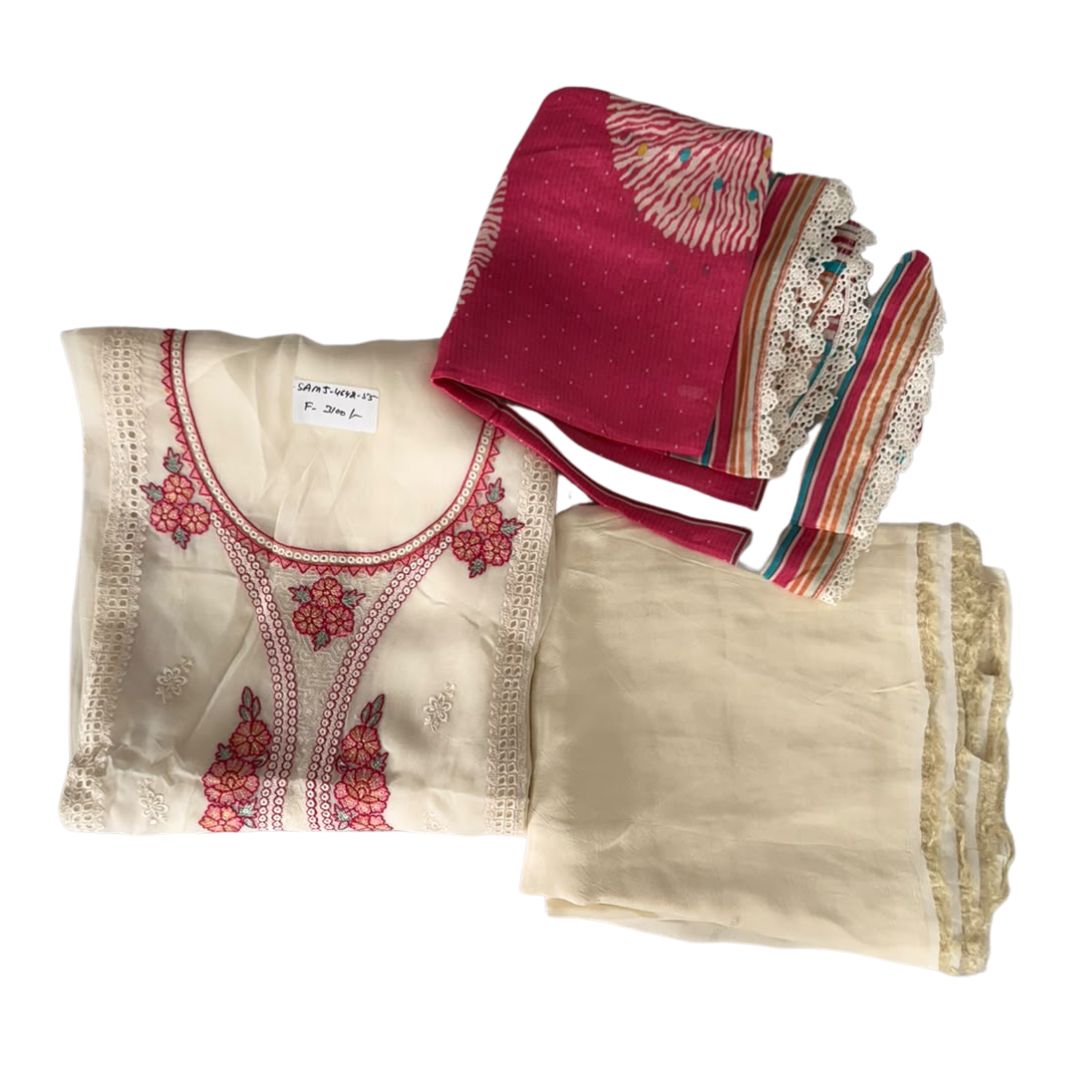 Elegant Cream Embroidered Unstitched 3-Piece Suit Set with Pink Printed Dupatta