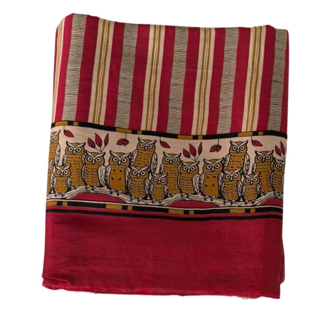 Quirky Owl Print Striped Unstitched Suit Set with Geometric Dupatta