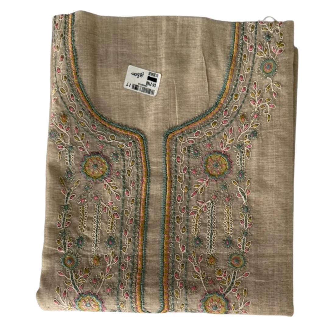 Beige Embroidered Unstitched 3-Piece Suit Set with Mustard Bottom