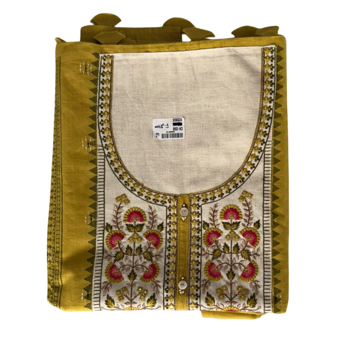 Mustard Yellow and Cream Embroidered Unstitched 3-Piece Suit Set