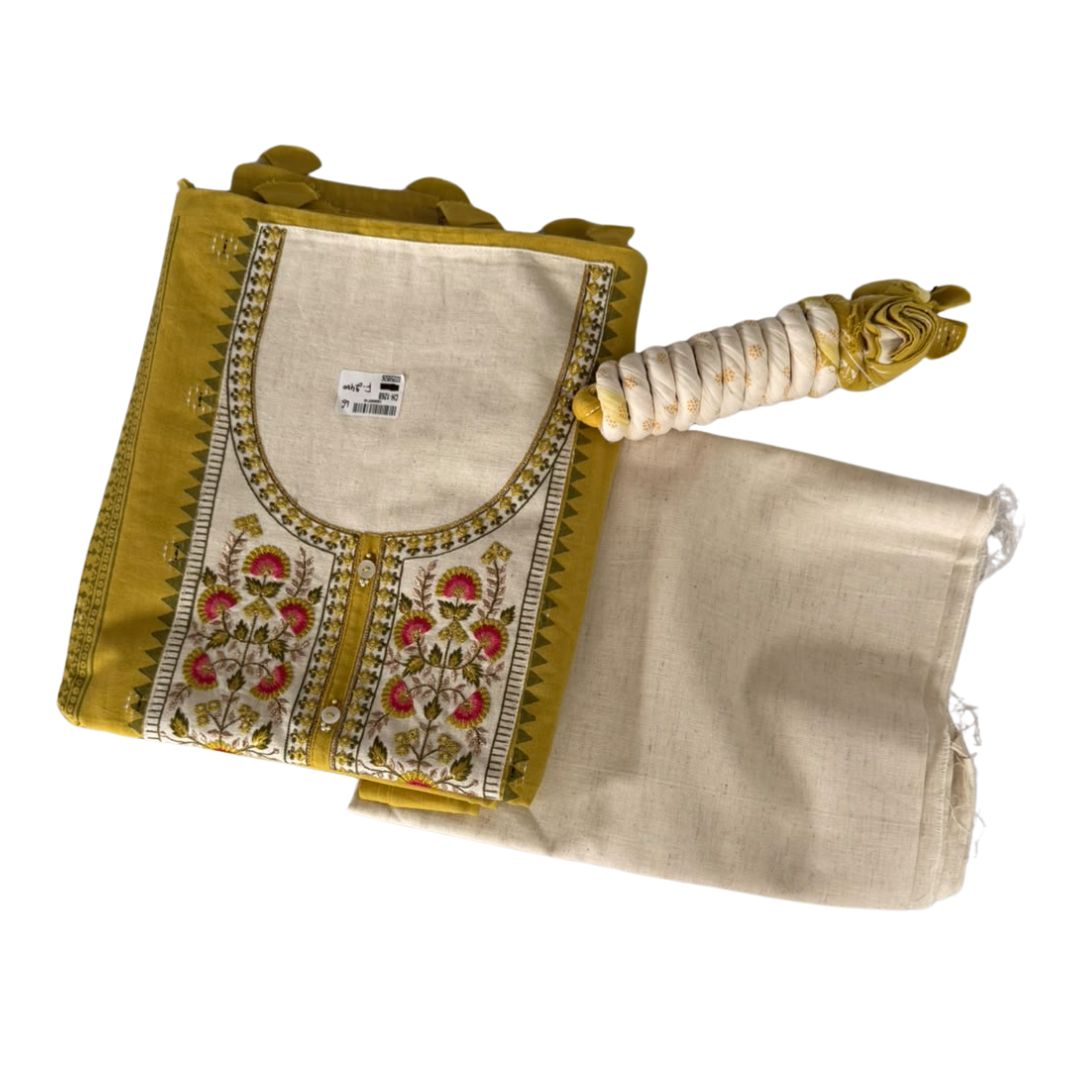 Mustard Yellow and Cream Embroidered Unstitched 3-Piece Suit Set