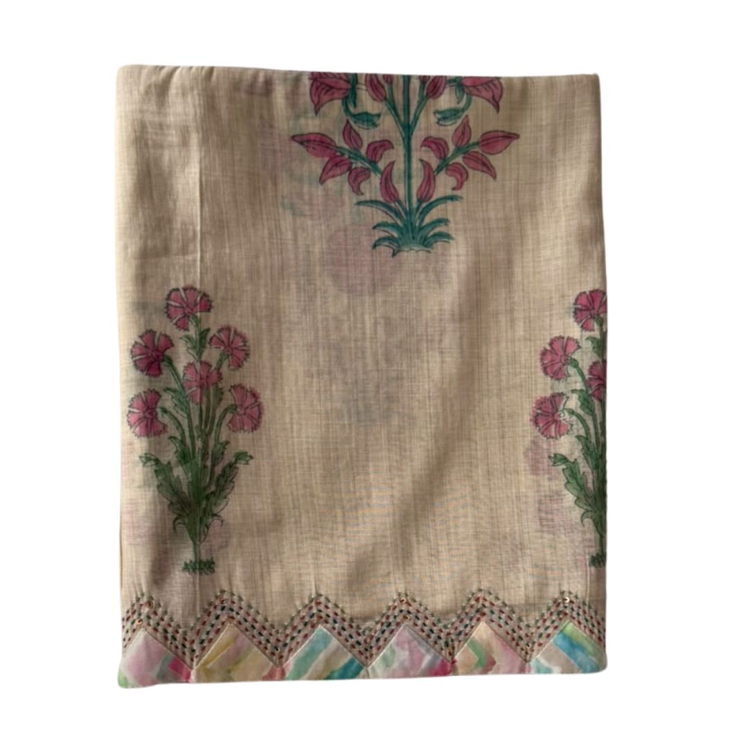 Beige Floral Printed Unstitched 3-Piece Suit Set with Pastel Chevron Dupatta
