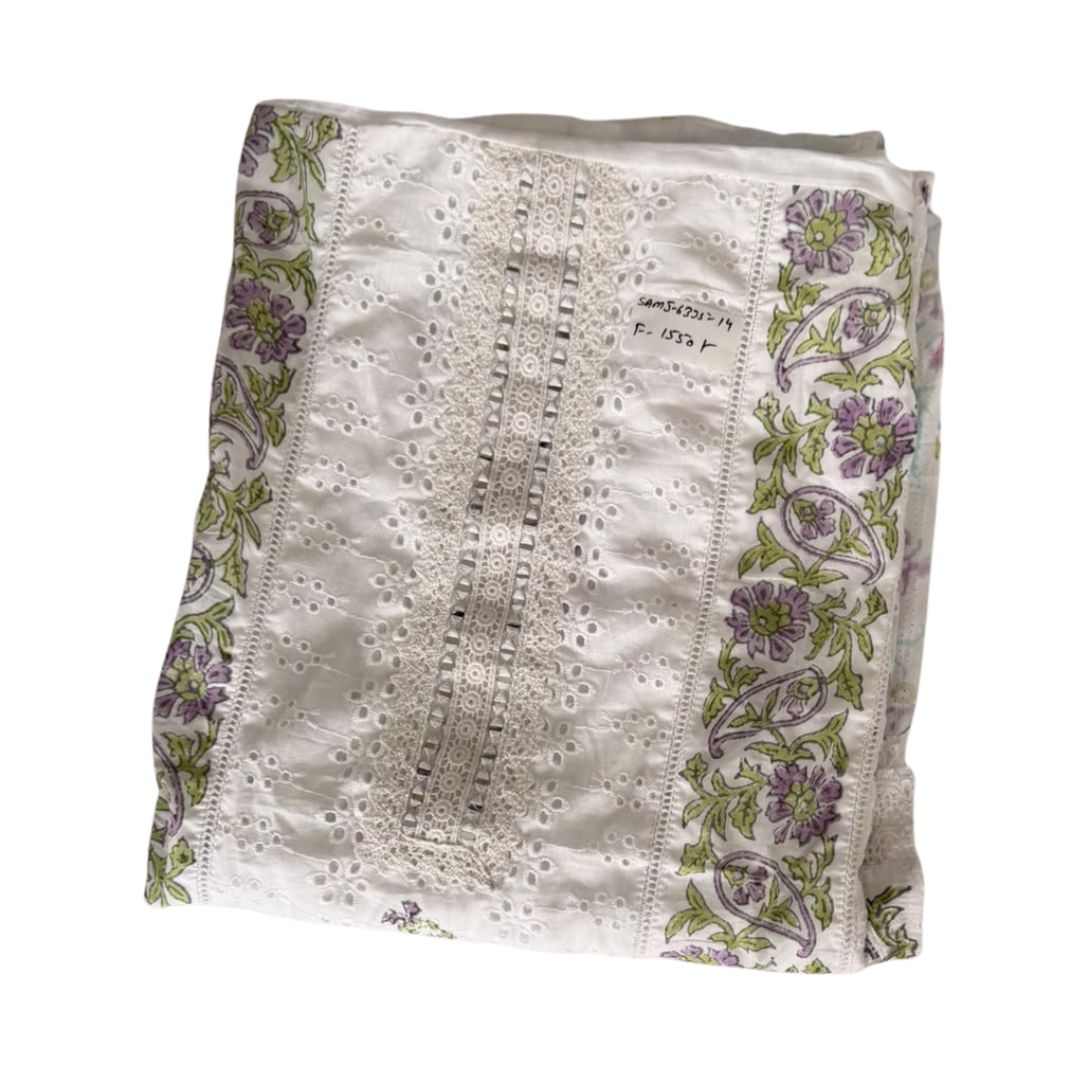 Elegant White Schiffli Embroidered Unstitched 3-Piece Suit Set with Floral Accents